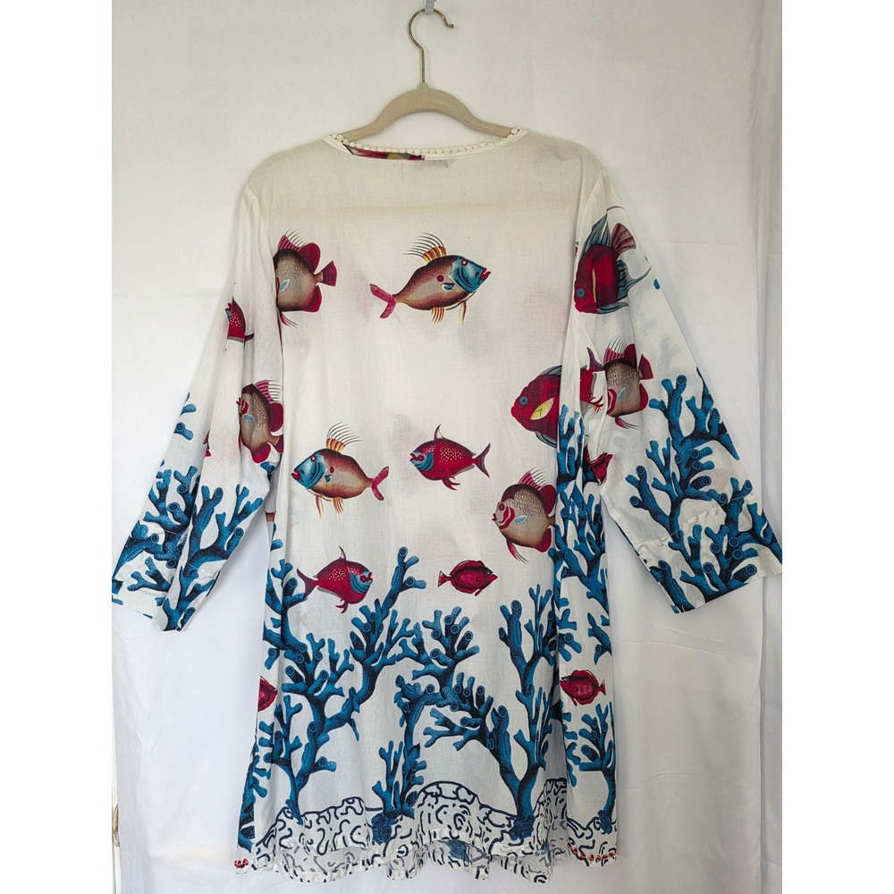 Soft Surroundings Plus Size Tunic Dress Seychelles Fish Coral 1X Beaded Hem - Picture 5 of 13